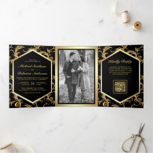 Black Gold Flourish Swirl Photo QR Code Wedding Tri-Fold Invitation