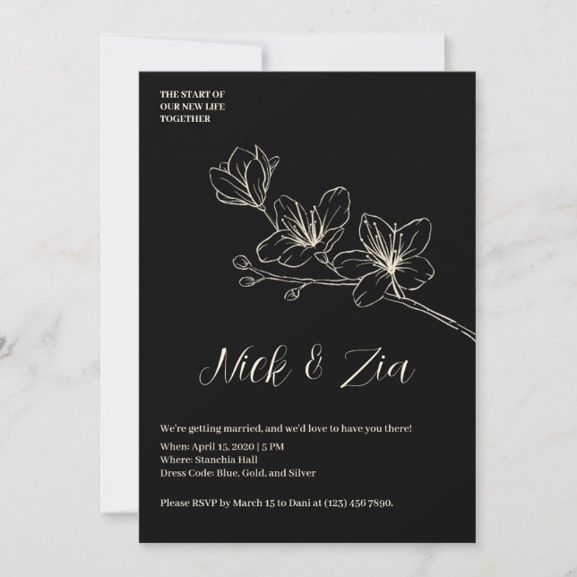 Black Gold Flower Minimal White Wedding Invitation (Front)
