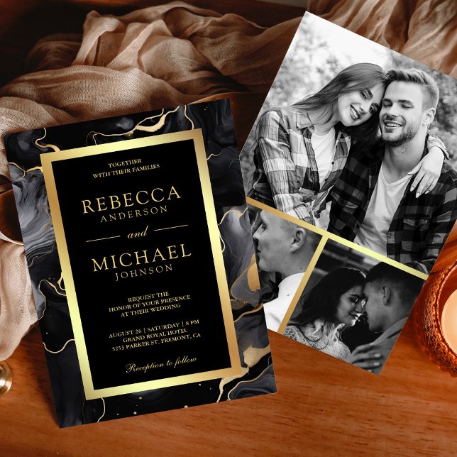 Black Gold Fluid Ink Photo Collage Wedding Invitation (Creator Uploaded)