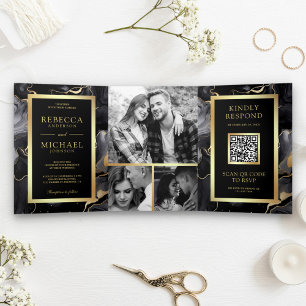 Black Gold Fluid Ink QR Code Wedding Tri-Fold Invitation