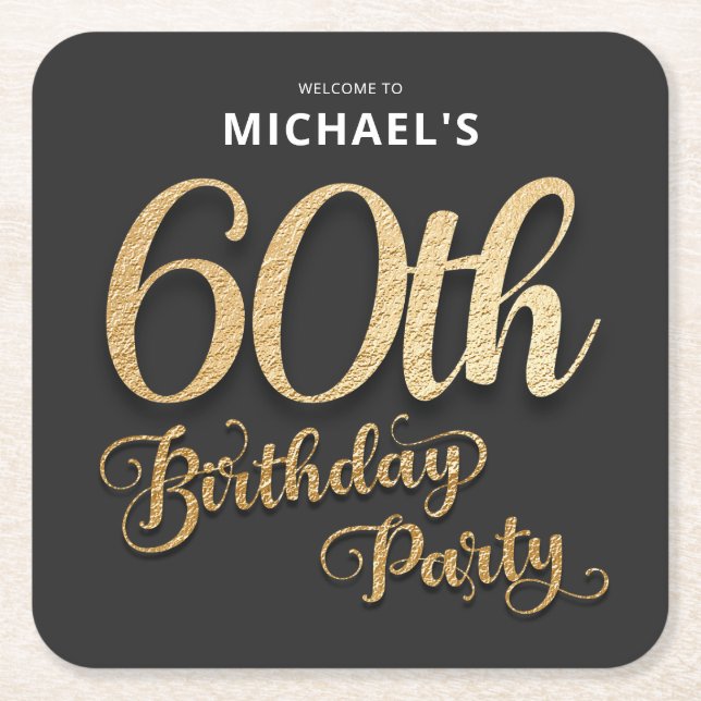 Black Gold Foil 60th Birthday Party Square Paper Coaster (Front)