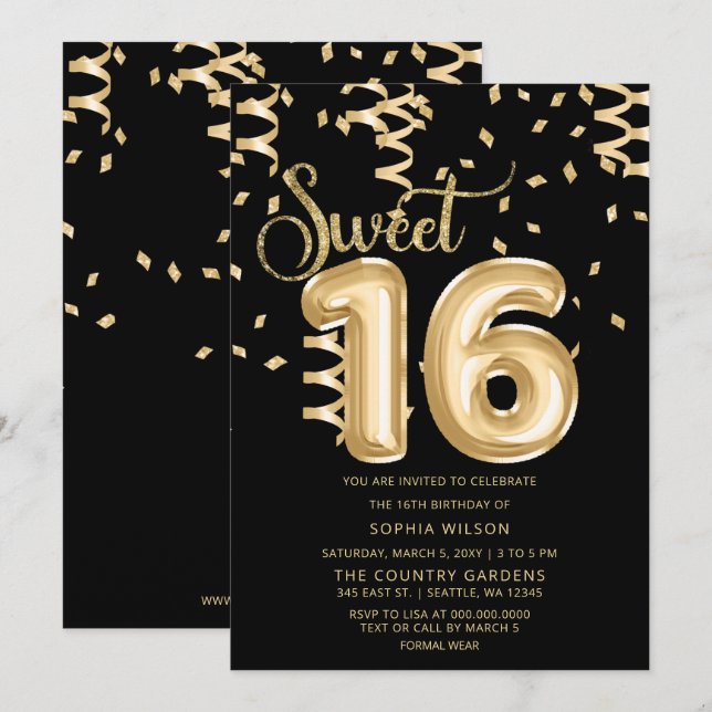 Black Gold Foil Balloon Sweet 16 Birthday Invitation (Front/Back)