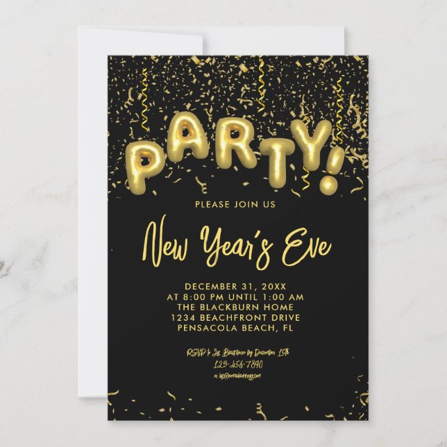 Black & Gold Foil Balloons New Year's Eve Party Invitation (Front)