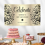 Black Gold Foil Bat Mitzvah Tree of Life Script Banner<br><div class="desc">Be proud, rejoice and showcase this milestone of your favourite Bat Mitzvah! Hang up this stunning, modern, stylish, personalised banner to add to her special day. Graphic, abstract black trees with Star of David and dot “leaves”, along with black calligraphy script and sans serif typography, overlay a sparkly, faux gold...</div>