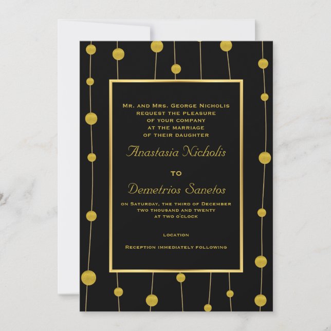 Black, gold foil beads and frame modern wedding invitation (Front)