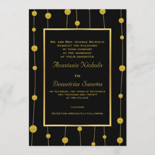 Black, gold foil beads and frame modern wedding invitation
