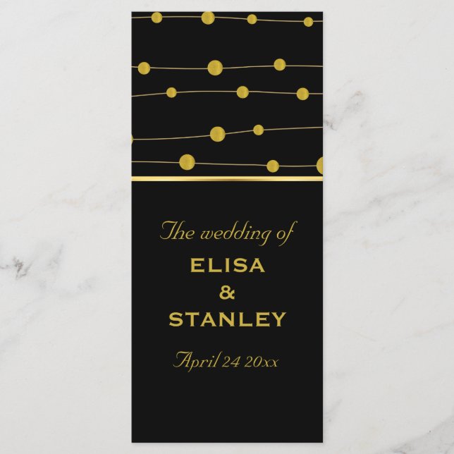 Black, gold foil beads modern wedding program programme (Front)