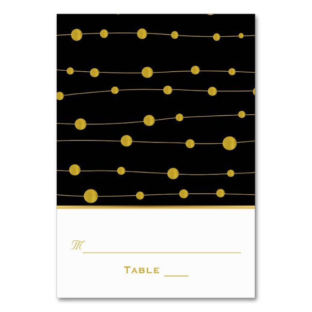 Black, gold foil beads wedding escort place card (Front)