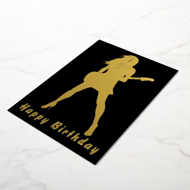 Black Gold Foil Birthday Card Guitar Player Girl (Rotated)