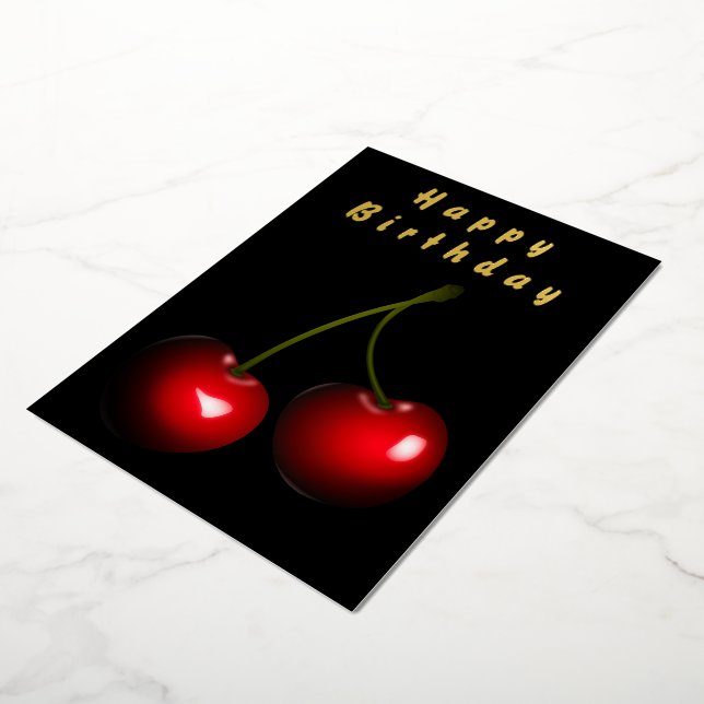 Black Gold Foil Birthday Card with Red Cherry (Rotated)