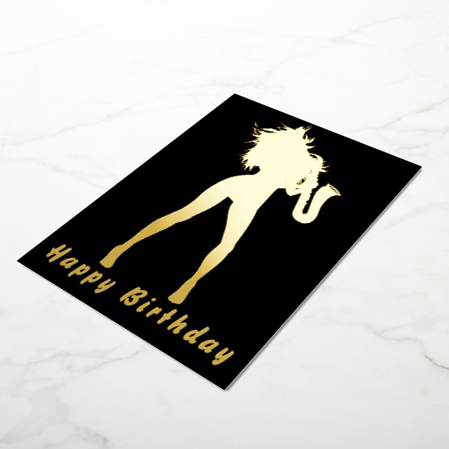 Black Gold Foil Birthday Card with Saxo Music Girl (Rotated)