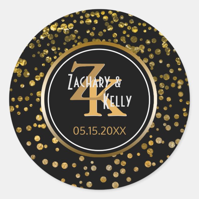Black Gold Foil Confetti | Monogram Wedding Favour Classic Round Sticker (Front)