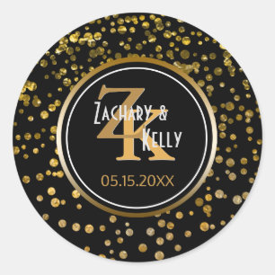 Black Gold Foil Confetti Monogram Wedding Favour Classic Round Sticker