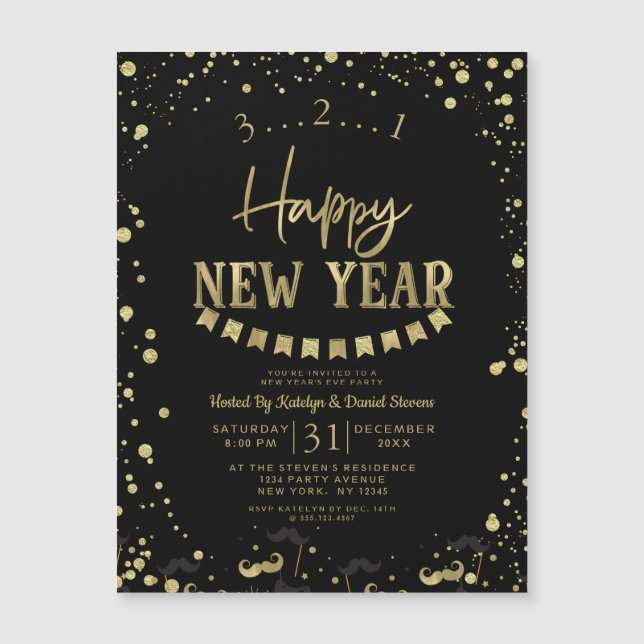 Black & Gold Foil Confetti New Year's Eve Party (Front)