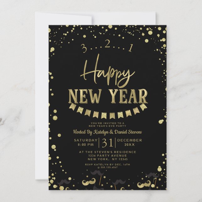 Black & Gold Foil Confetti New Year's Eve Party Holiday Card (Front)