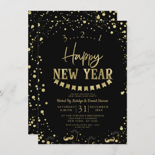 Black & Gold Foil Confetti New Year's Eve Party Invitation (Front/Back)