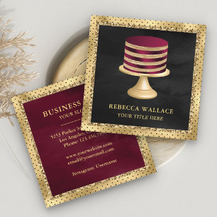 Black Gold Foil Custom Burgundy Cake Bakery Square Business Card