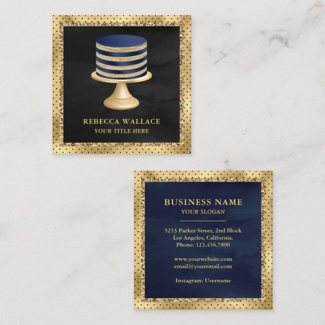 Black Gold Foil Custom Navy Blue Cake Bakery Square Business Card (Front/Back)