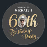 Black Gold Foil Custom Photo 60th Birthday  Classic Round Sticker<br><div class="desc">Black Gold Foil Custom Photo 60th Birthday Classic Round Sticker. A perfect blend of modern sophistication and timeless elegance birthday party design with its sleek design and captivating faux foil accents in dazzling gold, this design sets the stage for a truly memorable celebration. The combination of sleek black and opulent...</div>