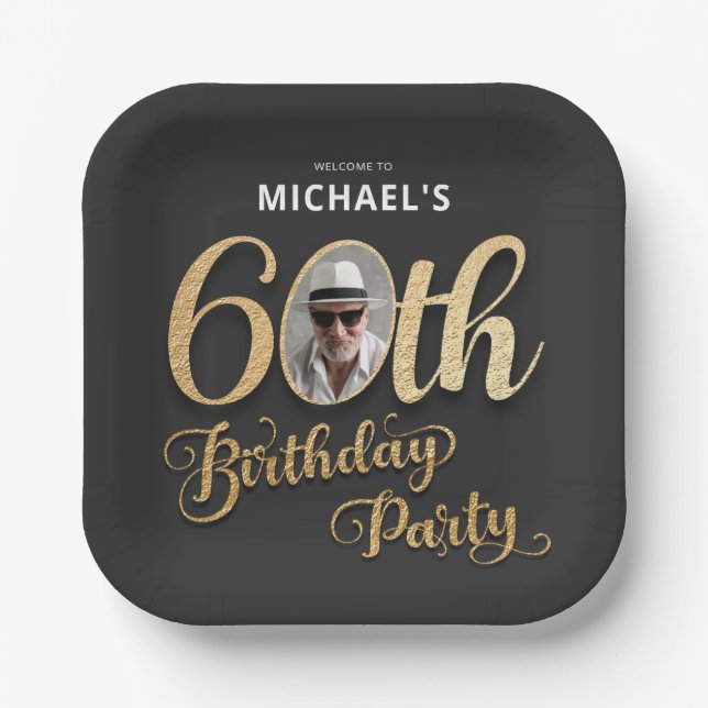 Black Gold Foil Custom Photo 60th Birthday  Paper Plate (Front)
