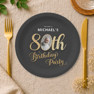 Black Gold Foil Custom Photo 80th Birthday  Paper Plate