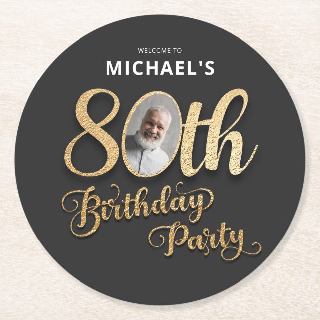 Black Gold Foil Custom Photo 80th Birthday  Round Paper Coaster (Front)