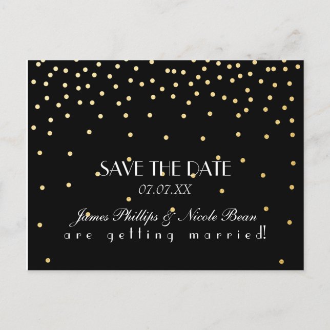 Black & Gold Foil Dots Save The Date Postcard (Front)