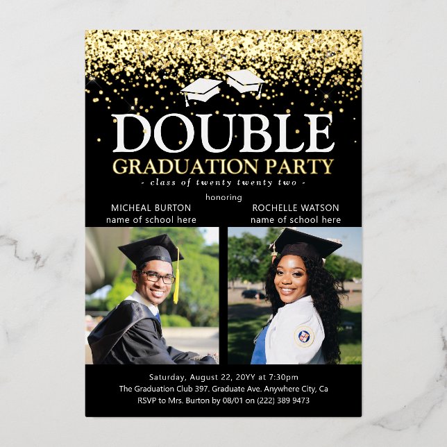 Black & Gold Foil Double Graduation Party Photo (Front)