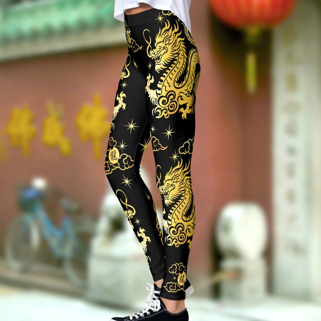 Black Gold Foil Dragon Chinese Lunar New Year Bold Leggings (LINK FOR 2025 YEAR OF THE SNAKE: https://www.zazzle.com/collections/119316095761799932)
