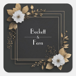 Black Gold Foil Floral Square Geometric Wedding Square Sticker