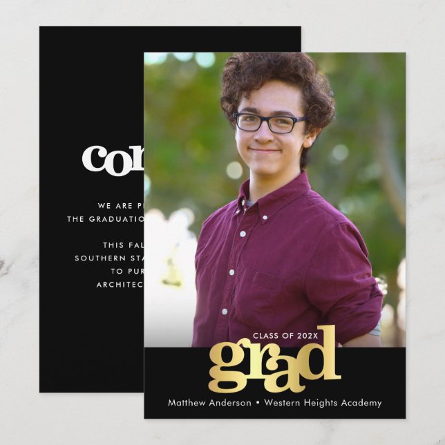 Black gold foil graduation photo modern typography announcement (Front/Back)