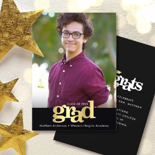 Black gold foil graduation photo modern typography announcement