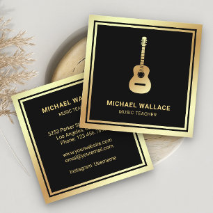 Black Gold Foil Guitar Music Teacher Guitarist Square Business Card