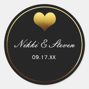 Black & Gold Foil Heart Round Sticker Label Favour
