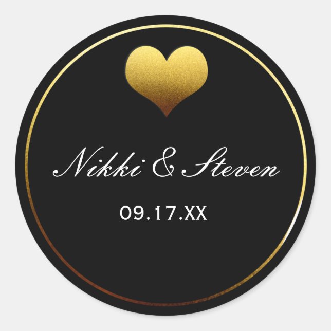Black & Gold Foil Heart Round Sticker Label Favour (Front)