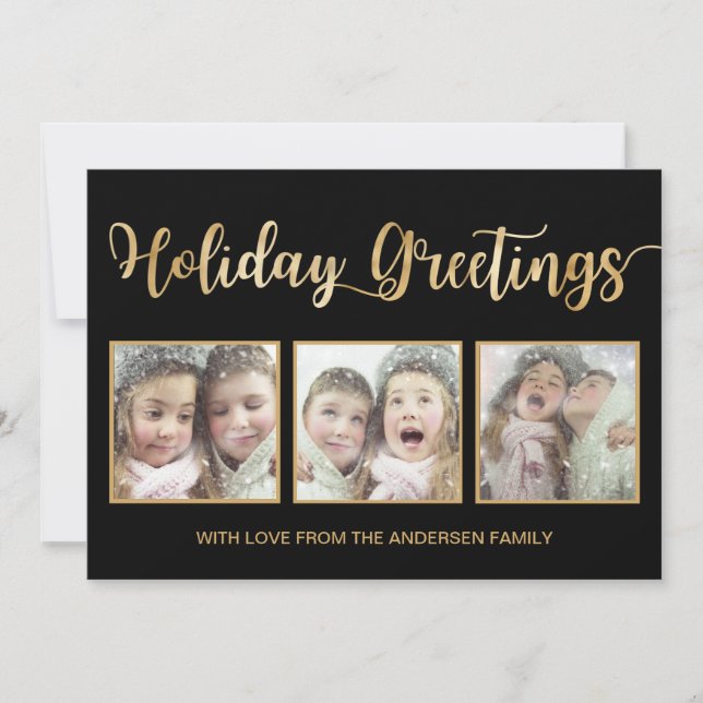 Black & Gold Foil Holiday Greetings 3 Photo Card (Front)