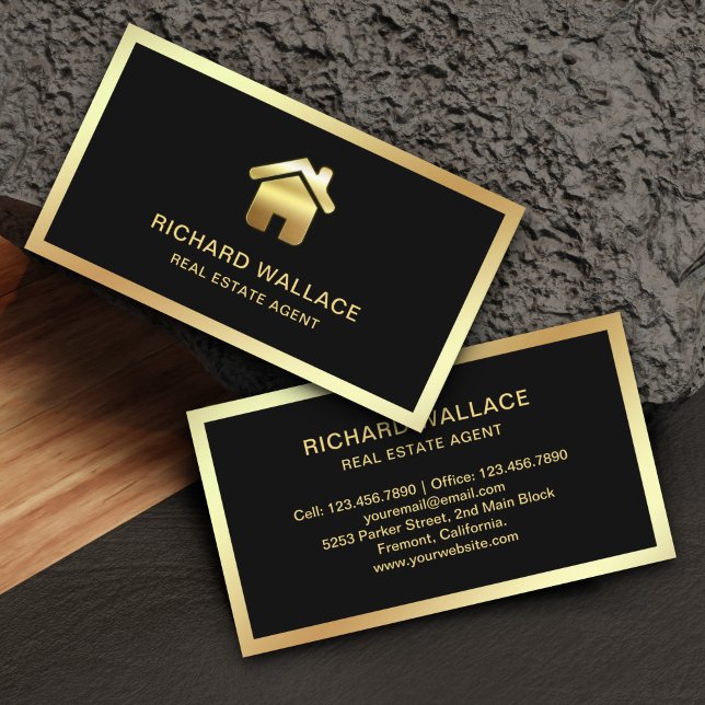 Black Gold Foil Home Logo Real Estate Agent Business Card (Creator Uploaded)