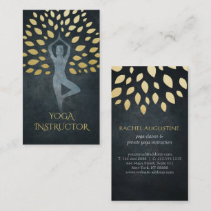 Black & Gold Foil Leaves with Yoga Meditation Pose Business Card