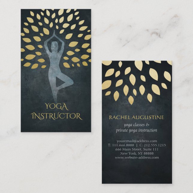 Black & Gold Foil Leaves with Yoga Meditation Pose Business Card (Front/Back)