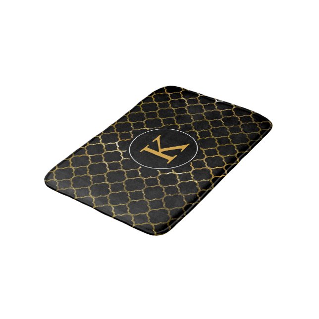 Black Gold Foil Look Moroccan Quatrefoil Monogram Bath Mat (Angled)