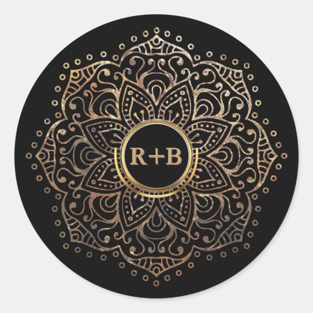 Black Gold Foil Mandala Boho Wedding Favour Classic Round Sticker (Front)