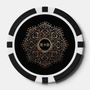 Black Gold Foil Mandala Boho Wedding Monogram Poker Chips