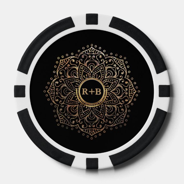 Black Gold Foil Mandala Boho Wedding Monogram Poker Chips (Front)