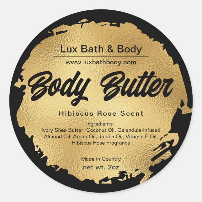 Black Gold Foil Modern Luxury Round Product Labels (Front)