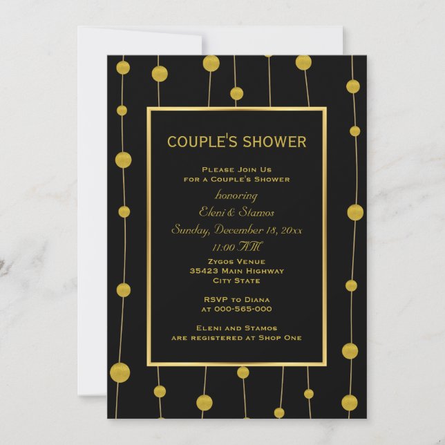 Black, gold foil modern wedding couple's shower invitation (Front)