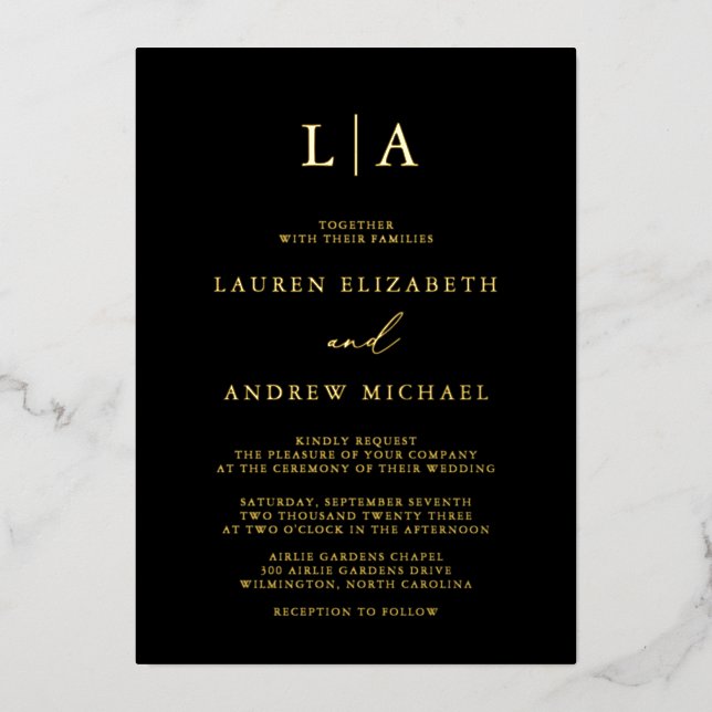 Black Gold Foil Monogram Minimalist Wedding (Front)