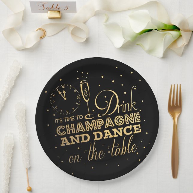 Black/Gold Foil New Year's Eve Paper Plate (Wedding)