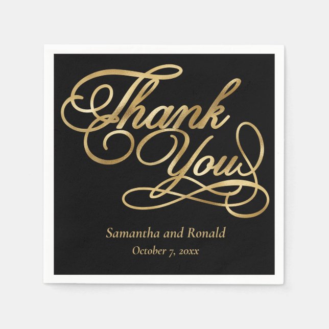 Black & Gold Foil Thank You Calligraphy Wedding Napkin (Front)