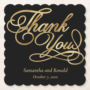Black & Gold Foil Thank You Calligraphy Wedding Paper Coaster