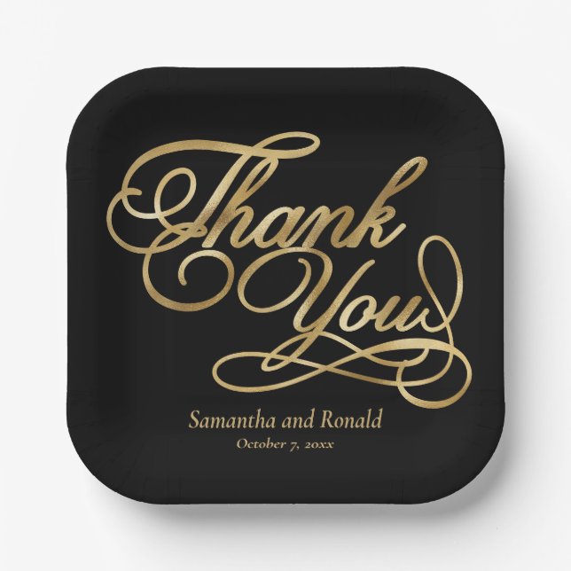 Black & Gold Foil Thank You Calligraphy Wedding Paper Plate (Front)